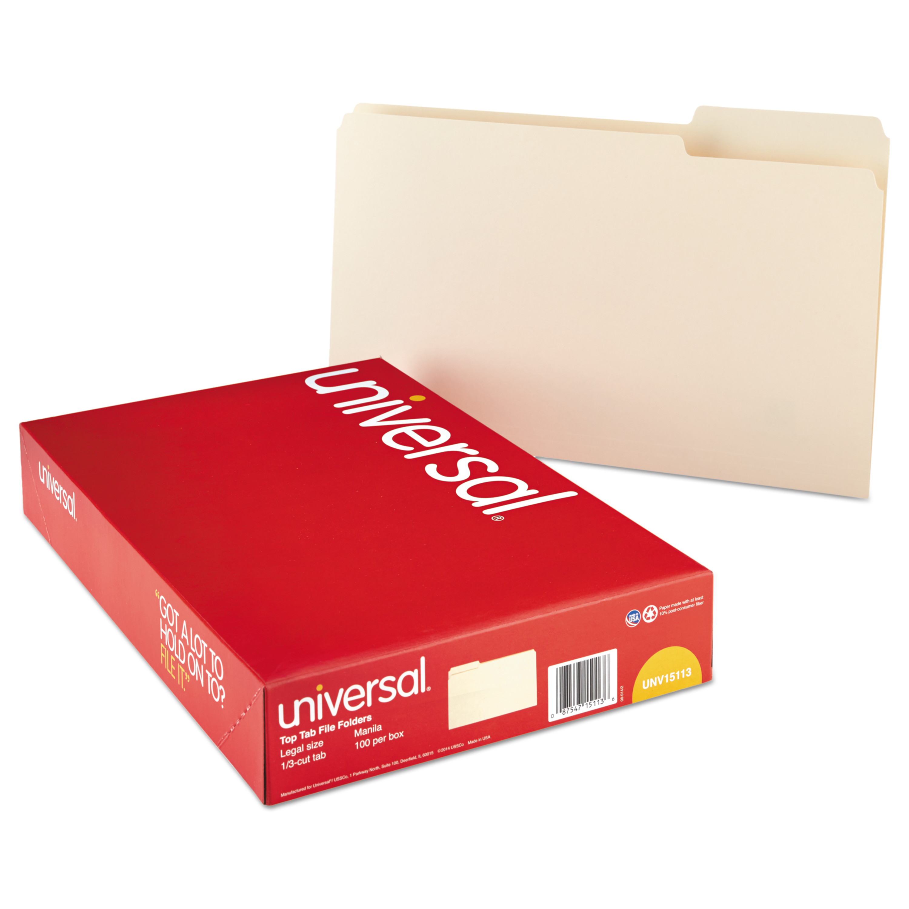 Top Tab Manila File Folders, 1/3-Cut Tabs, Assorted Positions, Legal Size, 11 pt. Manila, 100/Box